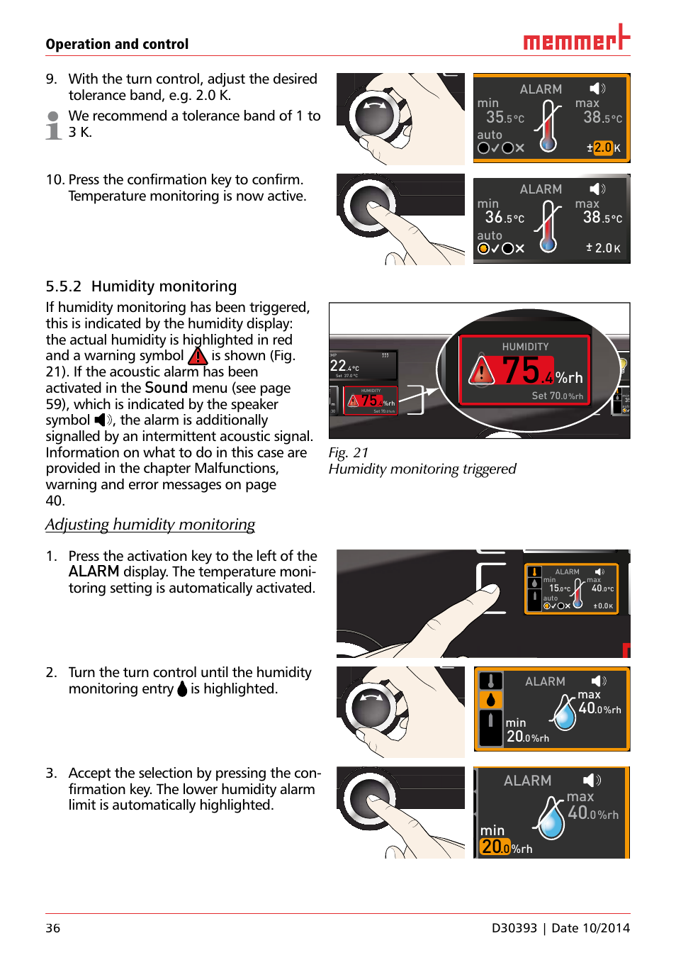 On 44, Uf 110, Hauptschalter | 4%rh, Lichtboxen, 2 humidity monitoring, Sound, Adjusting humidity monitoring, Alarm, 0%rh | Memmert ICH C (with CO2 control) Climate chambers User Manual | Page 36 / 68