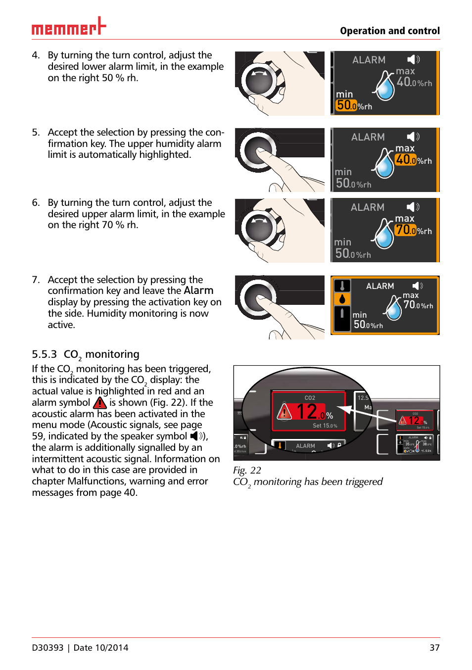 Uf 110, 4%rh, Lichtboxen | Hauptschalter, Alarm, 3 co, Monitoring, Alarm min, Gas alarm max, Auto | Memmert ICH C (with CO2 control) Climate chambers User Manual | Page 37 / 68