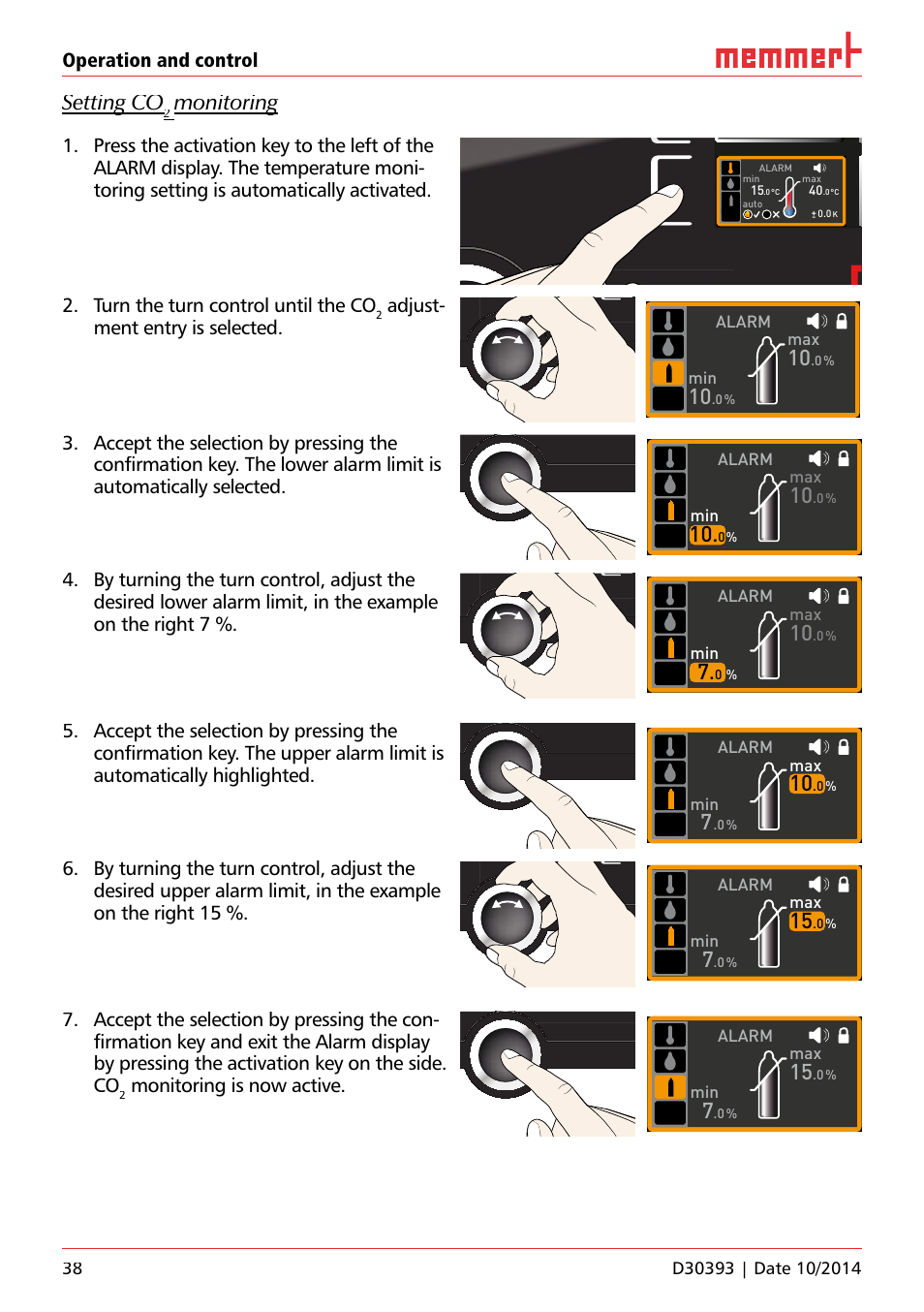 On 44, Uf 110, Hauptschalter | Setting co, Monitoring, Operation and control, Turn the turn control until the co, Adjust- ment entry is selected, Monitoring is now active, Alarm min | Memmert ICH C (with CO2 control) Climate chambers User Manual | Page 38 / 68