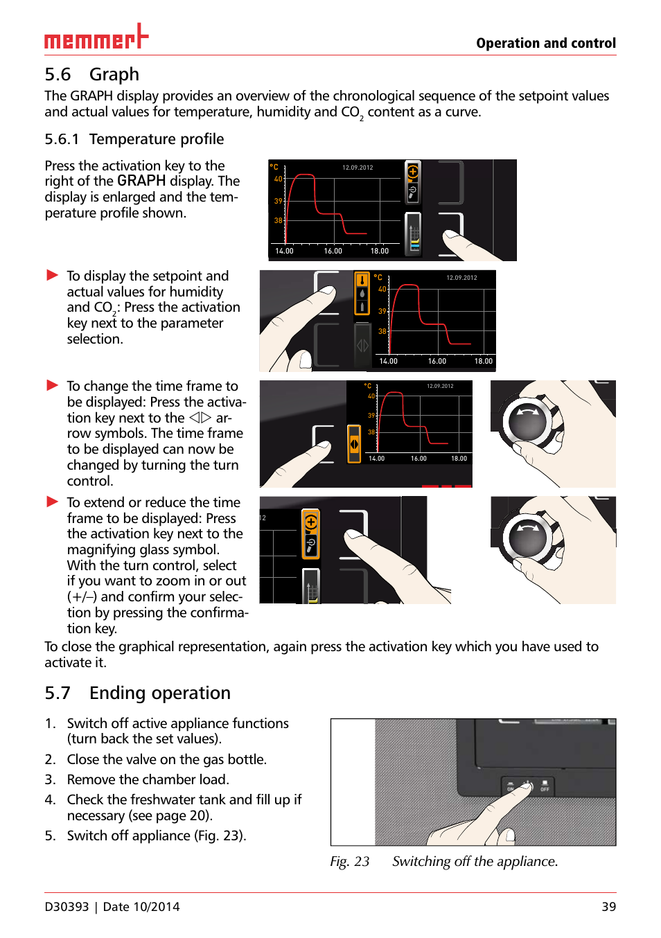 6 graph, 7 ending operation, Unp 500 | 1 temperature proﬁ le, Graph, Operation and control, Content as a curve, Press the activation key to the right of the, Fig. 23 switching off the appliance, Uf 110 | Memmert ICH C (with CO2 control) Climate chambers User Manual | Page 39 / 68