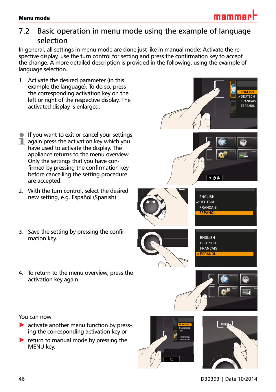 Ufp 100, Menu mode, You can now | Return to manual mode by pressing the menu key, Uf 110, Hauptschalter, English deutsch espanol francais | Memmert ICH C (with CO2 control) Climate chambers User Manual | Page 46 / 68