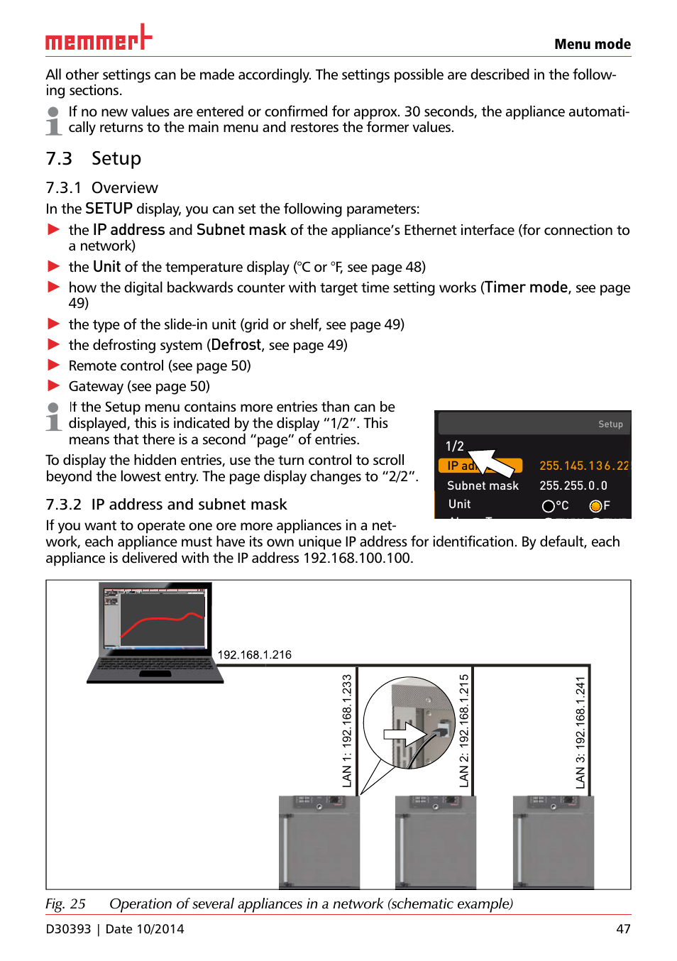 3 setup, 1 overview, Setup | Ip address, Subnet mask, Unit, Timer mode, Defrost, 2 ip address and subnet mask, Display, you can set the following parameters | Memmert ICH C (with CO2 control) Climate chambers User Manual | Page 47 / 68