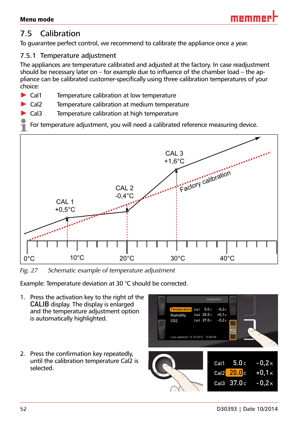 5 calibration, Ufp 100, 1 temperature adjustment | Calib, Temperatur, Menu mode, Cal1 temperature calibration at low temperature, Cal2 temperature calibration at medium temperature, Justieren | Memmert ICH C (with CO2 control) Climate chambers User Manual | Page 52 / 68