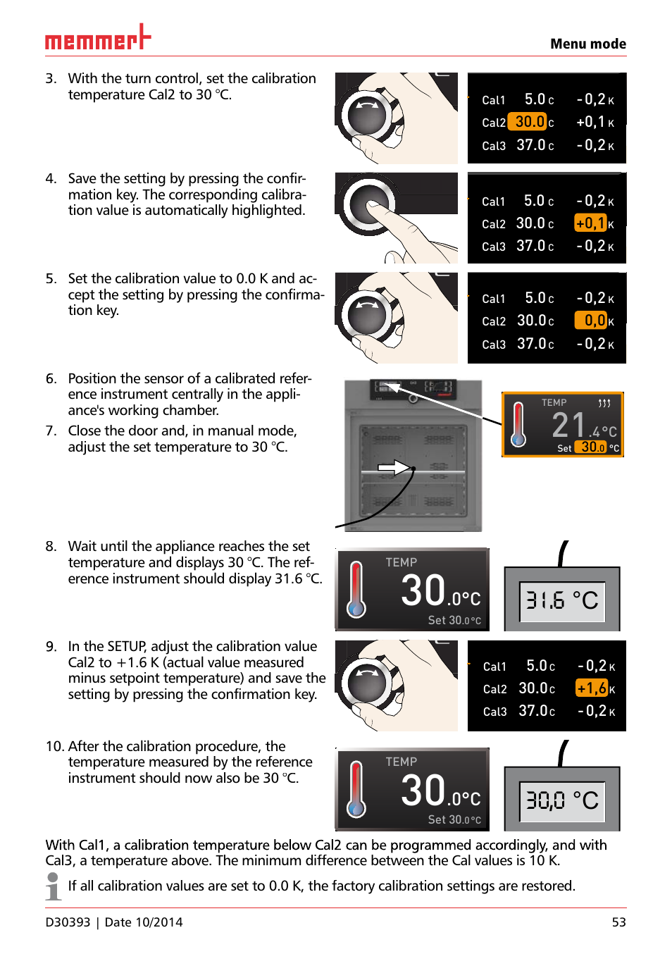 6 °c, 30,0 °c, Temperatur | Justieren, Temp set 30 | Memmert ICH C (with CO2 control) Climate chambers User Manual | Page 53 / 68