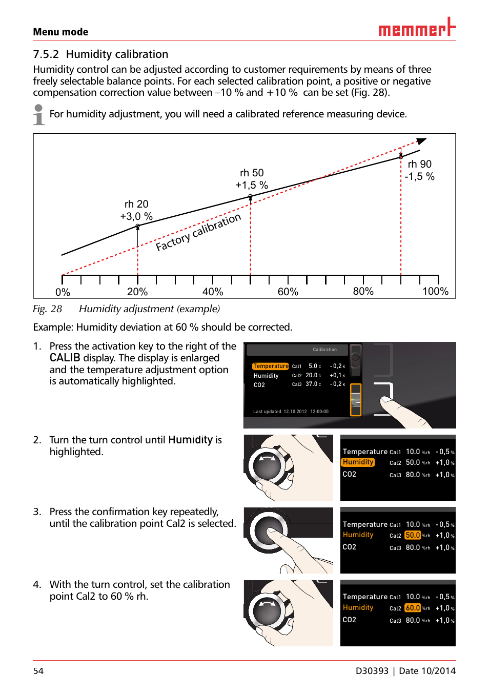 Ufp 100, 2 humidity calibration, Fact ory calibr ation | Calib, Humidity, Menu mode, Turn the turn control until, Highlighted, Uf 110, Temperature | Memmert ICH C (with CO2 control) Climate chambers User Manual | Page 54 / 68