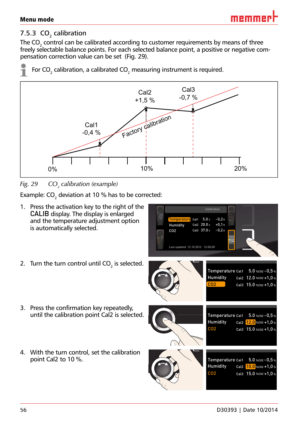 Ufp 100, 3 co, Calibration | Calib, Menu mode, The co, Calibration, a calibrated co, Calibration (example) example: co, Turn the turn control until co, Is selected | Memmert ICH C (with CO2 control) Climate chambers User Manual | Page 56 / 68