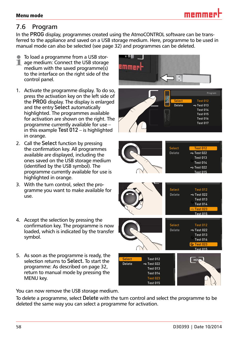 6 program, Ufp 100, Prog | Select, Test 012, Delete, Menu mode, Display. the display is enlarged and the entry, And the entry, Is highlighted in orange | Memmert ICH C (with CO2 control) Climate chambers User Manual | Page 58 / 68