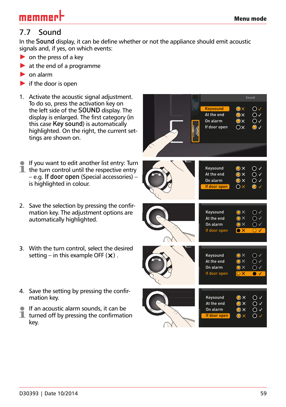 7 sound, Sound, Key sound | If door open, Menu mode, On the press of a key, At the end of a programme, On alarm, Special accessories) – is highlighted in colour, Keysound | Memmert ICH C (with CO2 control) Climate chambers User Manual | Page 59 / 68