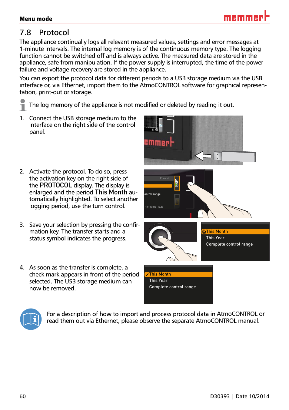 8 protocol, Protocol, This month | Menu mode, Display. the display is enlarged and the period | Memmert ICH C (with CO2 control) Climate chambers User Manual | Page 60 / 68