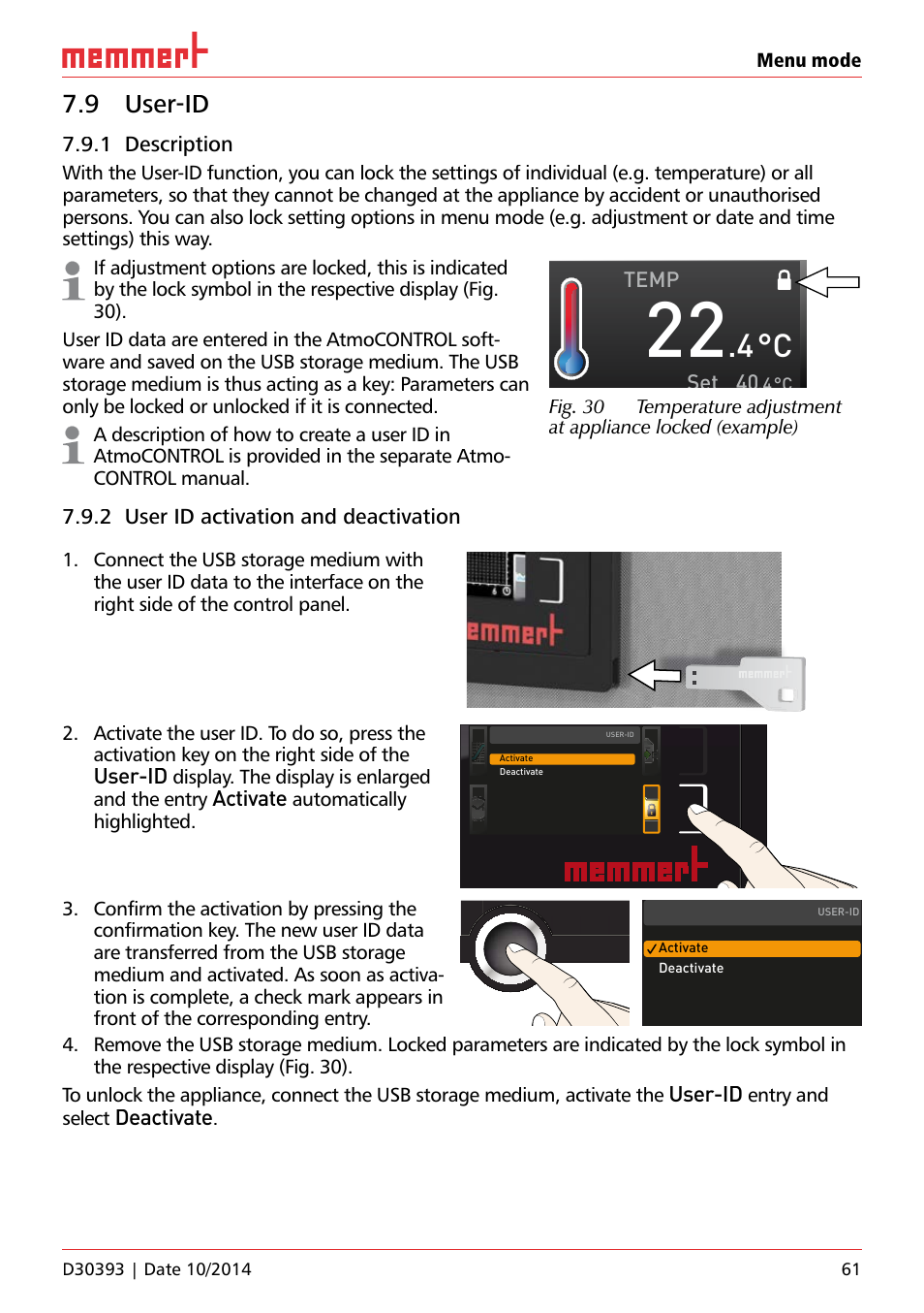 9 user-id, 1 description, 2 user id activation and deactivation | User-id, Activate, Deactivate, Temp set, Menu mode, Display. the display is enlarged and the entry, Automatically highlighted. ufp 100 | Memmert ICH C (with CO2 control) Climate chambers User Manual | Page 61 / 68