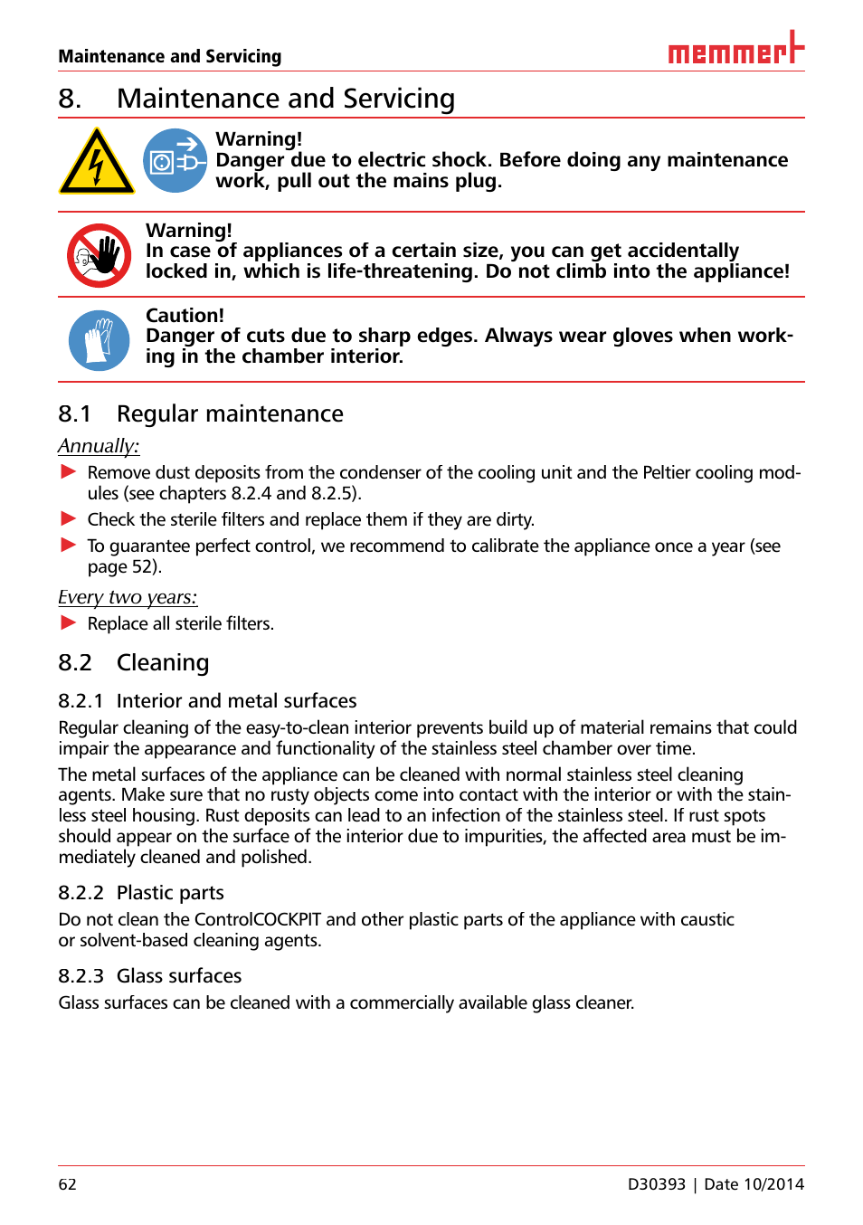 Maintenance and servicing, 1 regular maintenance, 2 cleaning | Memmert ICH C (with CO2 control) Climate chambers User Manual | Page 62 / 68