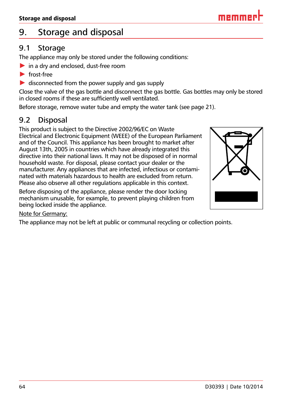 Storage and disposal, 1 storage, 2 disposal | Memmert ICH C (with CO2 control) Climate chambers User Manual | Page 64 / 68