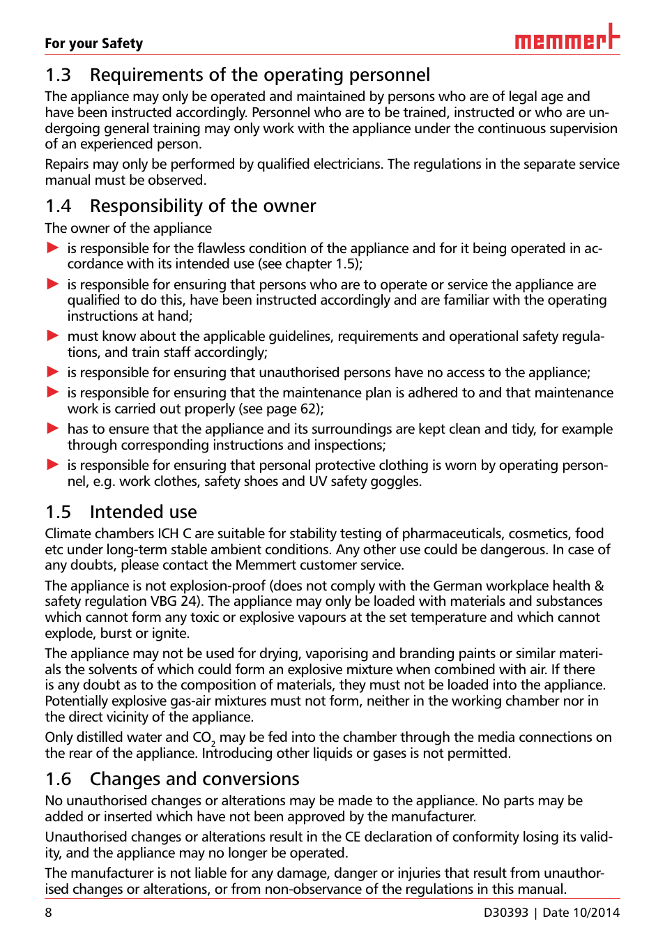 3 requirements of the operating personnel, 4 responsibility of the owner, 5 intended use | 6 changes and conversions | Memmert ICH C (with CO2 control) Climate chambers User Manual | Page 8 / 68