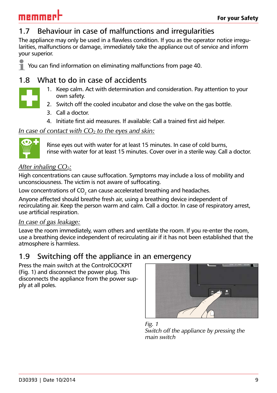 8 what to do in case of accidents, 9 switching off the appliance in an emergency, After inhaling co | For your safety, Uf 110 | Memmert ICH C (with CO2 control) Climate chambers User Manual | Page 9 / 68