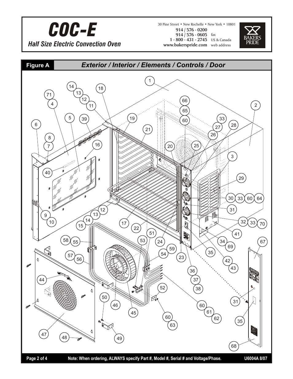 Coce-2, Coc-e, Half size electric convection oven | Exterior / interior / elements / controls / door, Bakers pride figure a | Bakers Pride COC-E User Manual | Page 2 / 4