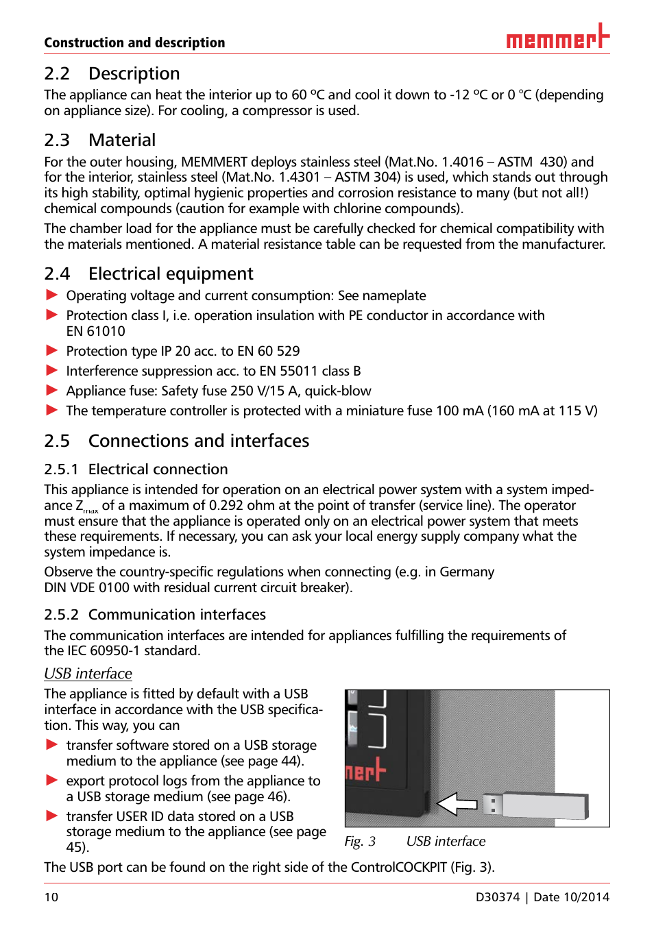 2 description, 3 material, 4 electrical equipment | 5 connections and interfaces, 1 electrical connection, 2 communication interfaces | Memmert ICP Compressor-cooled incubators User Manual | Page 10 / 56