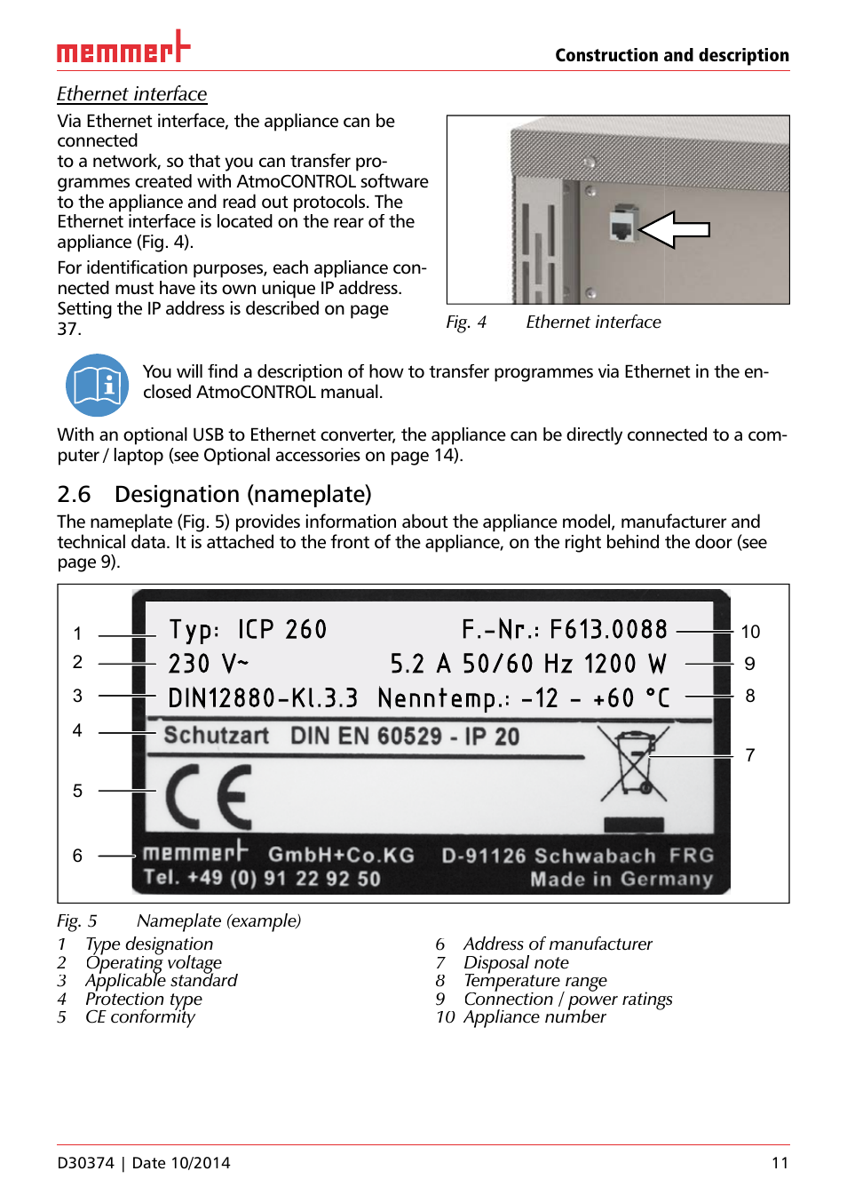 6 designation (nameplate) | Memmert ICP Compressor-cooled incubators User Manual | Page 11 / 56