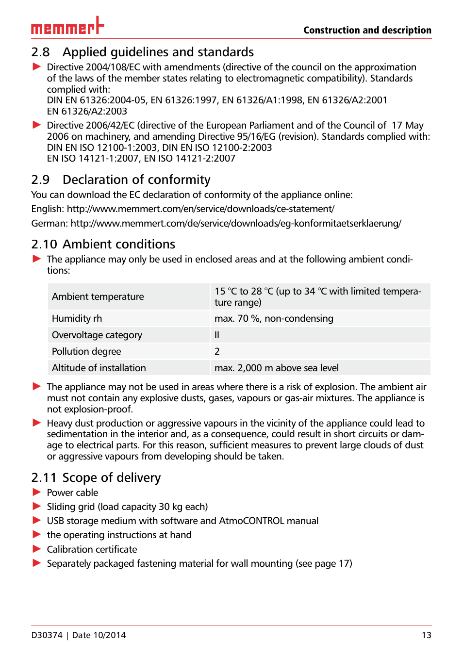 8 applied guidelines and standards, 9 declaration of conformity, 10 ambient conditions | 11 scope of delivery | Memmert ICP Compressor-cooled incubators User Manual | Page 13 / 56