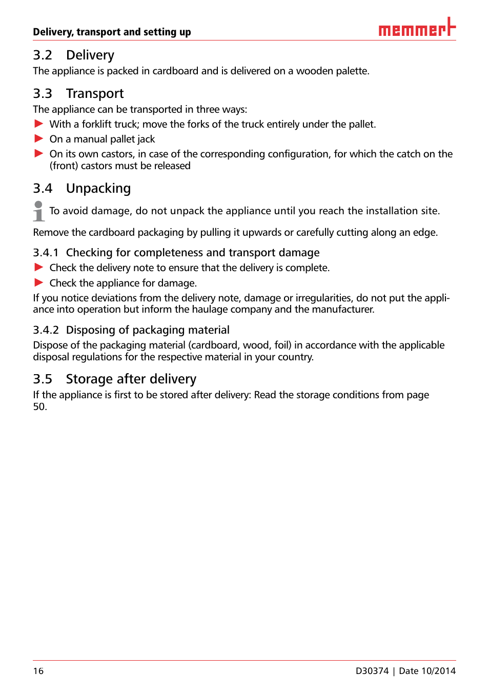 2 delivery, 3 transport, 4 unpacking | 1 checking for completeness and transport damage, 2 disposing of packaging material, 5 storage after delivery | Memmert ICP Compressor-cooled incubators User Manual | Page 16 / 56