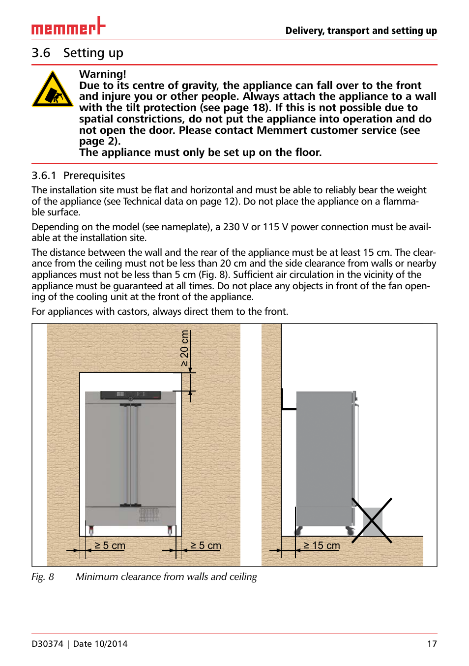 6 setting up, 1 prerequisites | Memmert ICP Compressor-cooled incubators User Manual | Page 17 / 56