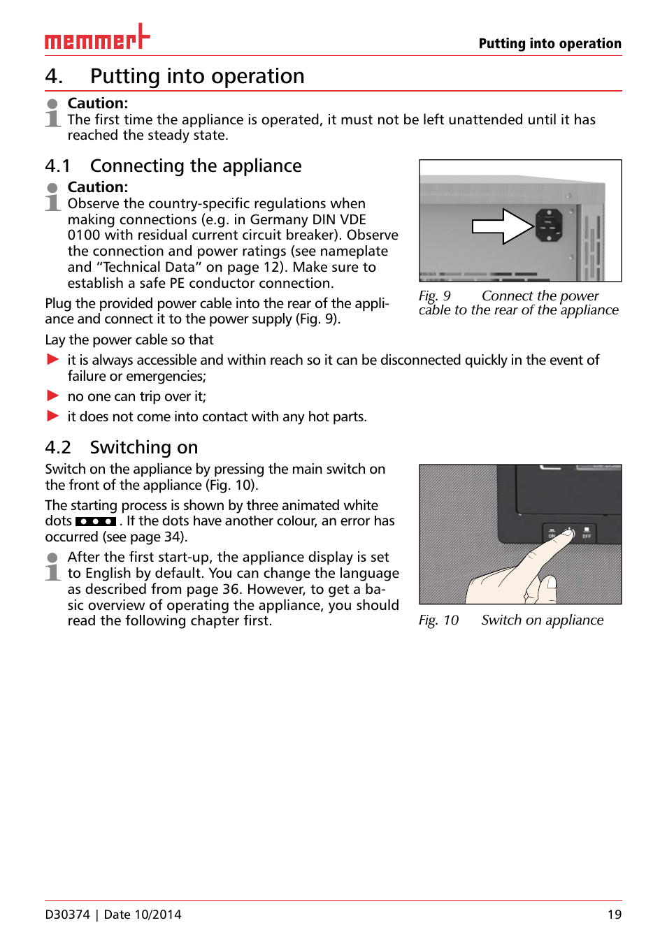 Putting into operation, 1 connecting the appliance, 2 switching on | Caution, No one can trip over it, It does not come into contact with any hot parts, Fig. 10 switch on appliance, Uf 110 | Memmert ICP Compressor-cooled incubators User Manual | Page 19 / 56