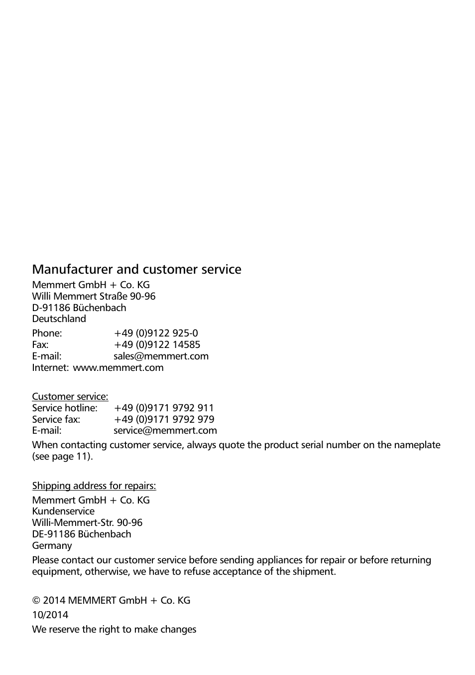 Manufacturer and customer service | Memmert ICP Compressor-cooled incubators User Manual | Page 2 / 56