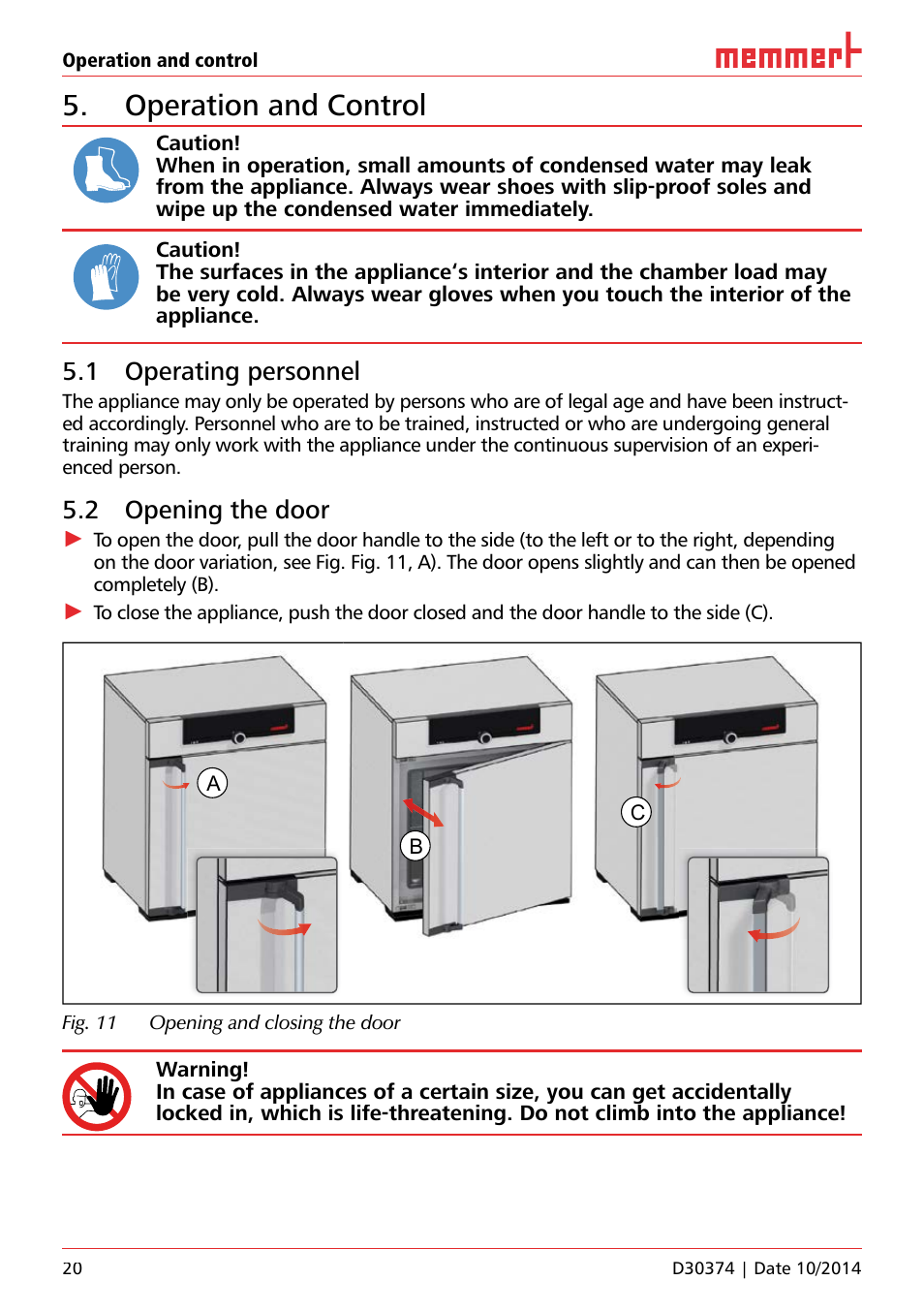 Operation and control, 1 operating personnel, 2 opening the door | Memmert ICP Compressor-cooled incubators User Manual | Page 20 / 56