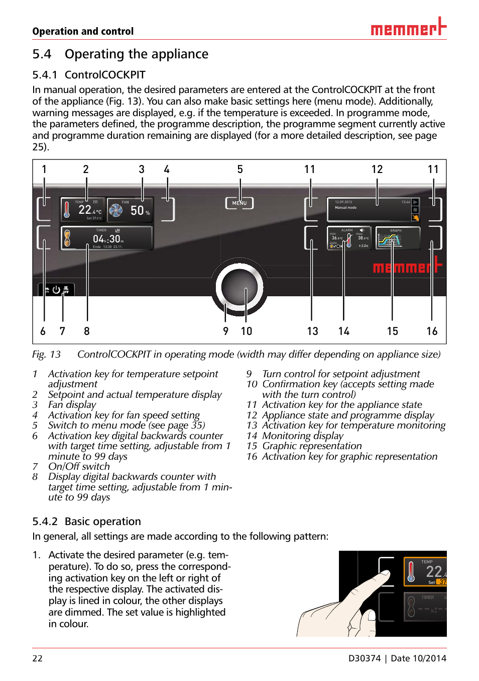 4 operating the appliance, 1 controlcockpit, 2 basic operation | Ich 500, Operation and control, Uf 110 | Memmert ICP Compressor-cooled incubators User Manual | Page 22 / 56