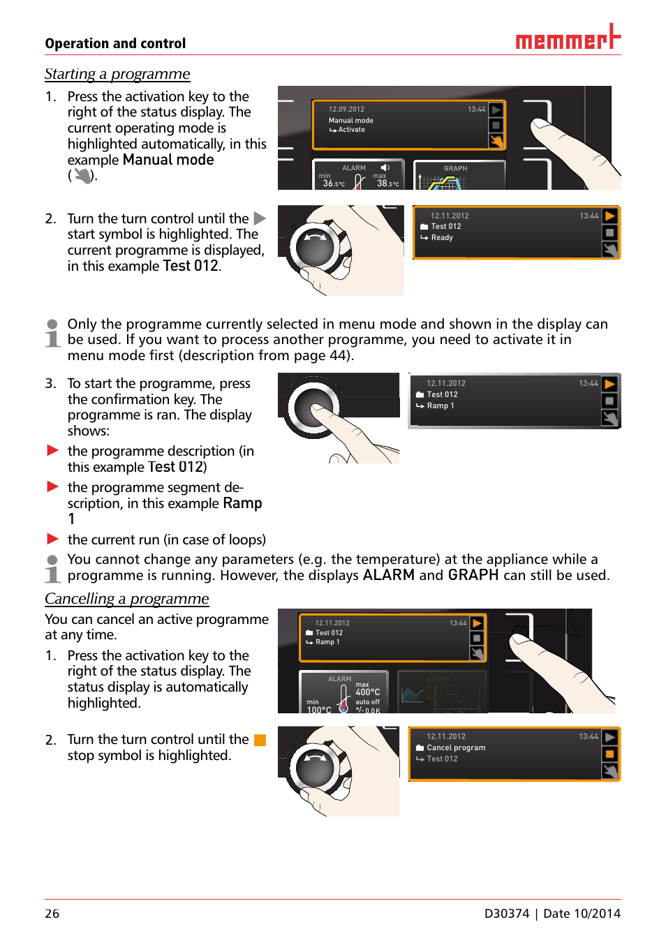 Unp 500, Uf 110, Hauptschalter | Starting a programme, Manual mode, Test 012, Ramp 1, Alarm, Graph, Cancelling a programme | Memmert ICP Compressor-cooled incubators User Manual | Page 26 / 56