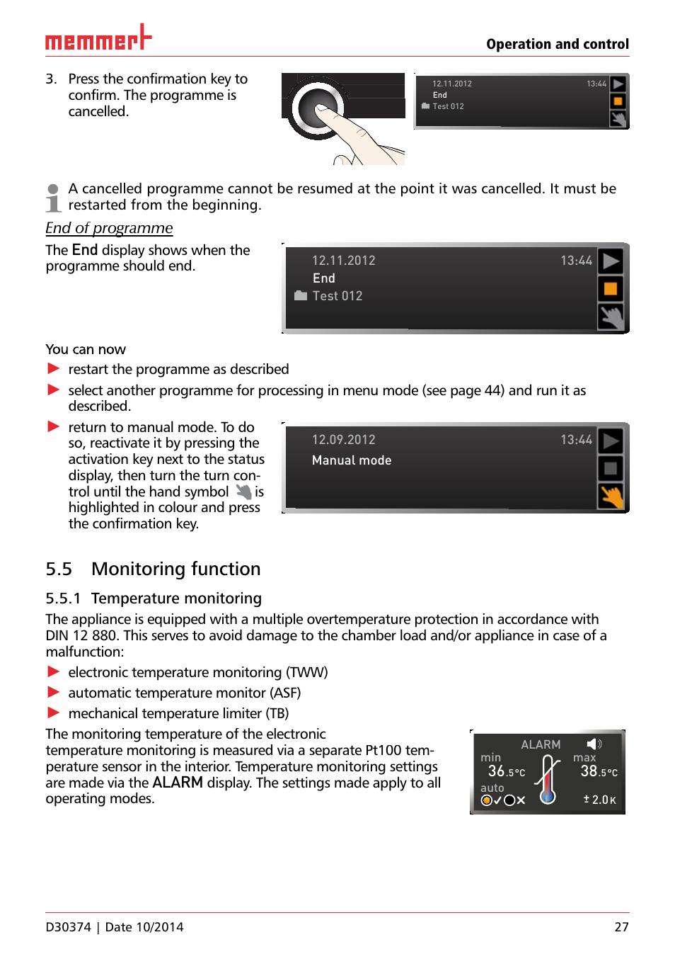 5 monitoring function, 1 temperature monitoring, End of programme | Alarm, Display shows when the programme should end, Restart the programme as described, Electronic temperature monitoring (tww), Automatic temperature monitor (asf) | Memmert ICP Compressor-cooled incubators User Manual | Page 27 / 56