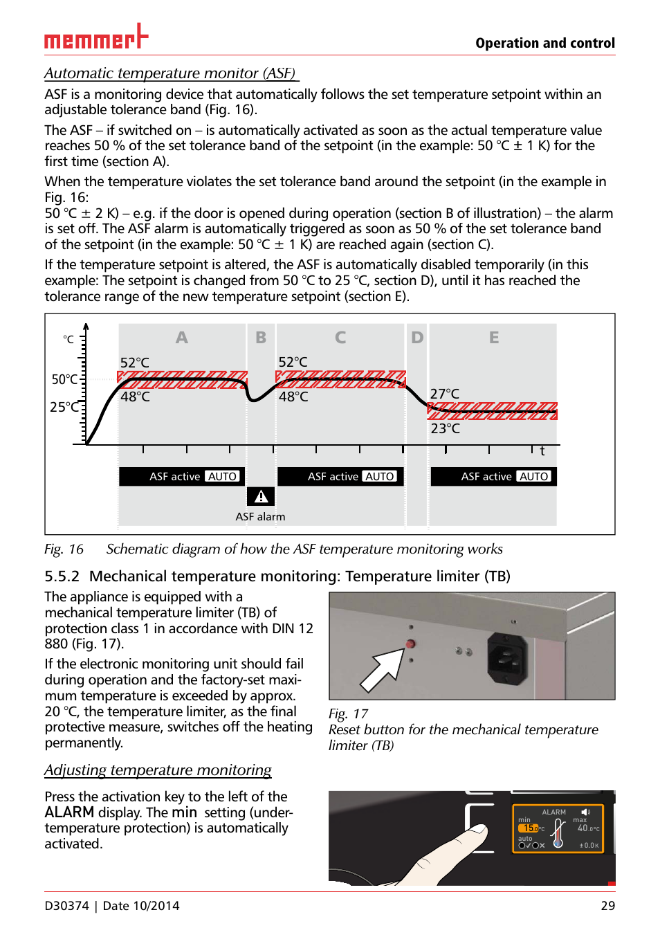 On 44, Uf 110, Hauptschalter | Ab c d e, Adjusting temperature monitoring, Alarm, Operation and control, 52°c 48°c, 27°c 23°c, 50°c 25°c t | Memmert ICP Compressor-cooled incubators User Manual | Page 29 / 56