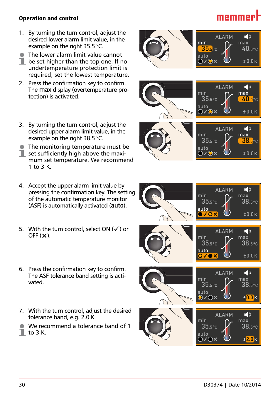 Auto, Press the confirmation key to confirm. the, With the turn control, select on | Or off (), Alarm, Auto max, Alarm 0.0, Alarm max, Uf 110 | Memmert ICP Compressor-cooled incubators User Manual | Page 30 / 56