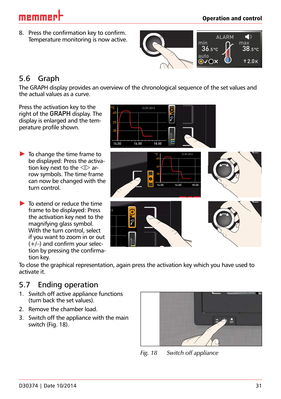 6 graph, 7 ending operation, Unp 500 | Graph, Fig. 18 switch off appliance, Alarm max, Auto, Hauptschalter, Uf 110 | Memmert ICP Compressor-cooled incubators User Manual | Page 31 / 56