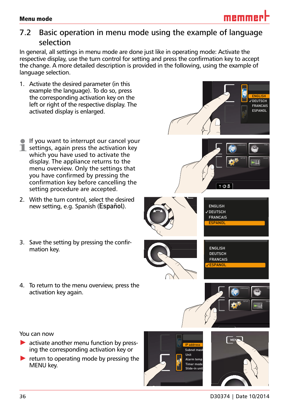 Ufp 100, Español, Menu mode | You can now, Return to operating mode by pressing the menu key, Hauptschalter, Uf 110 | Memmert ICP Compressor-cooled incubators User Manual | Page 36 / 56