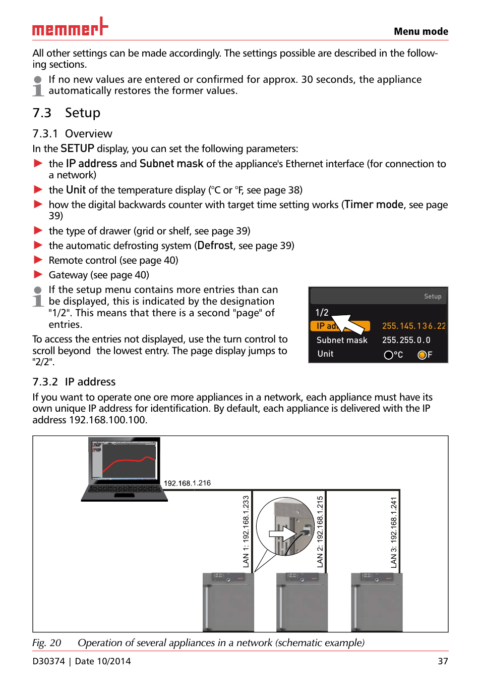 3 setup, 1 overview, 2 ip address | Setup, Ip address, Subnet mask, Unit, Timer mode, Defrost | Memmert ICP Compressor-cooled incubators User Manual | Page 37 / 56