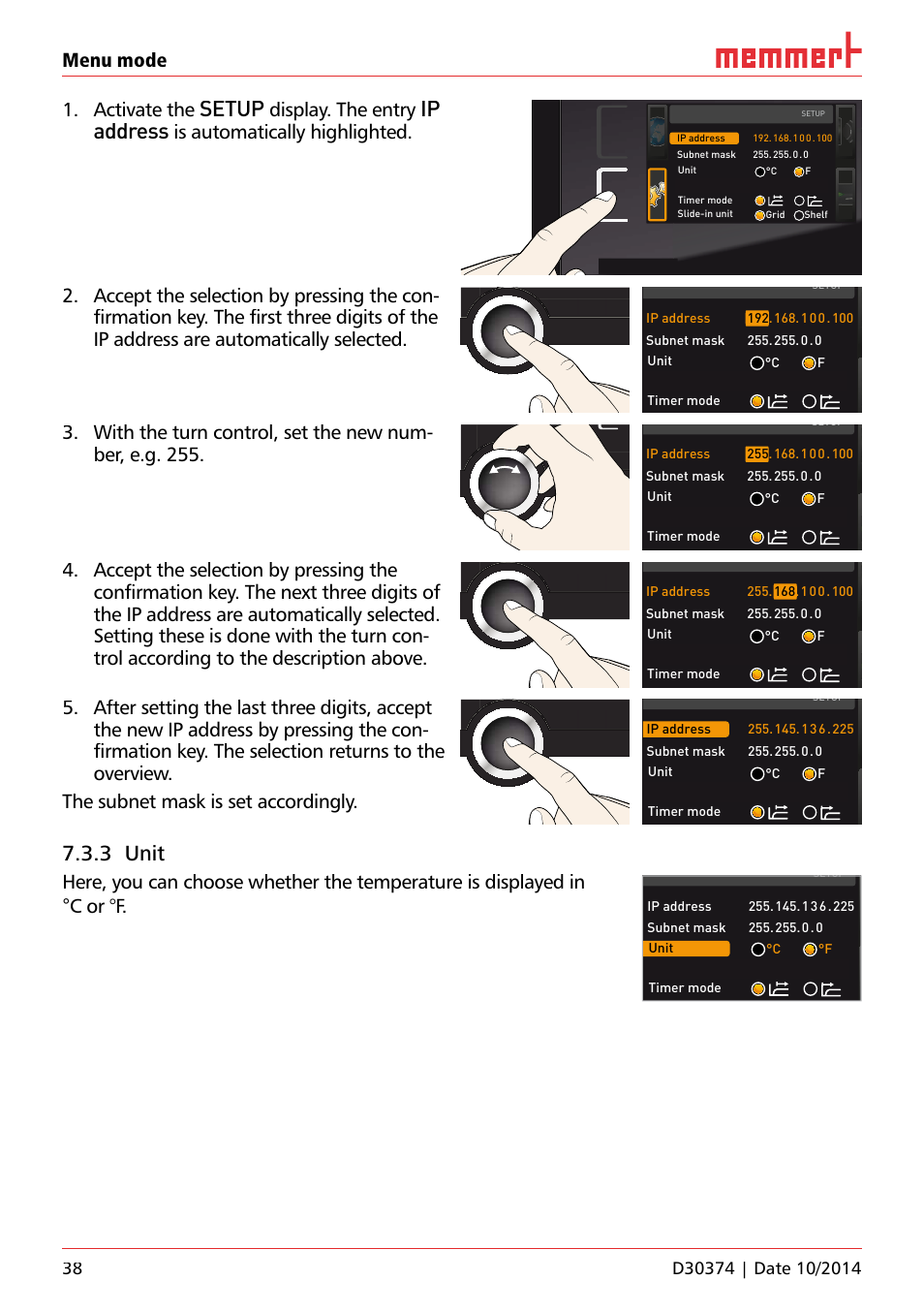 3 unit, Setup, Ip address | Menu mode 1. activate the, Display. the entry, Is automatically highlighted, Uf 110 | Memmert ICP Compressor-cooled incubators User Manual | Page 38 / 56