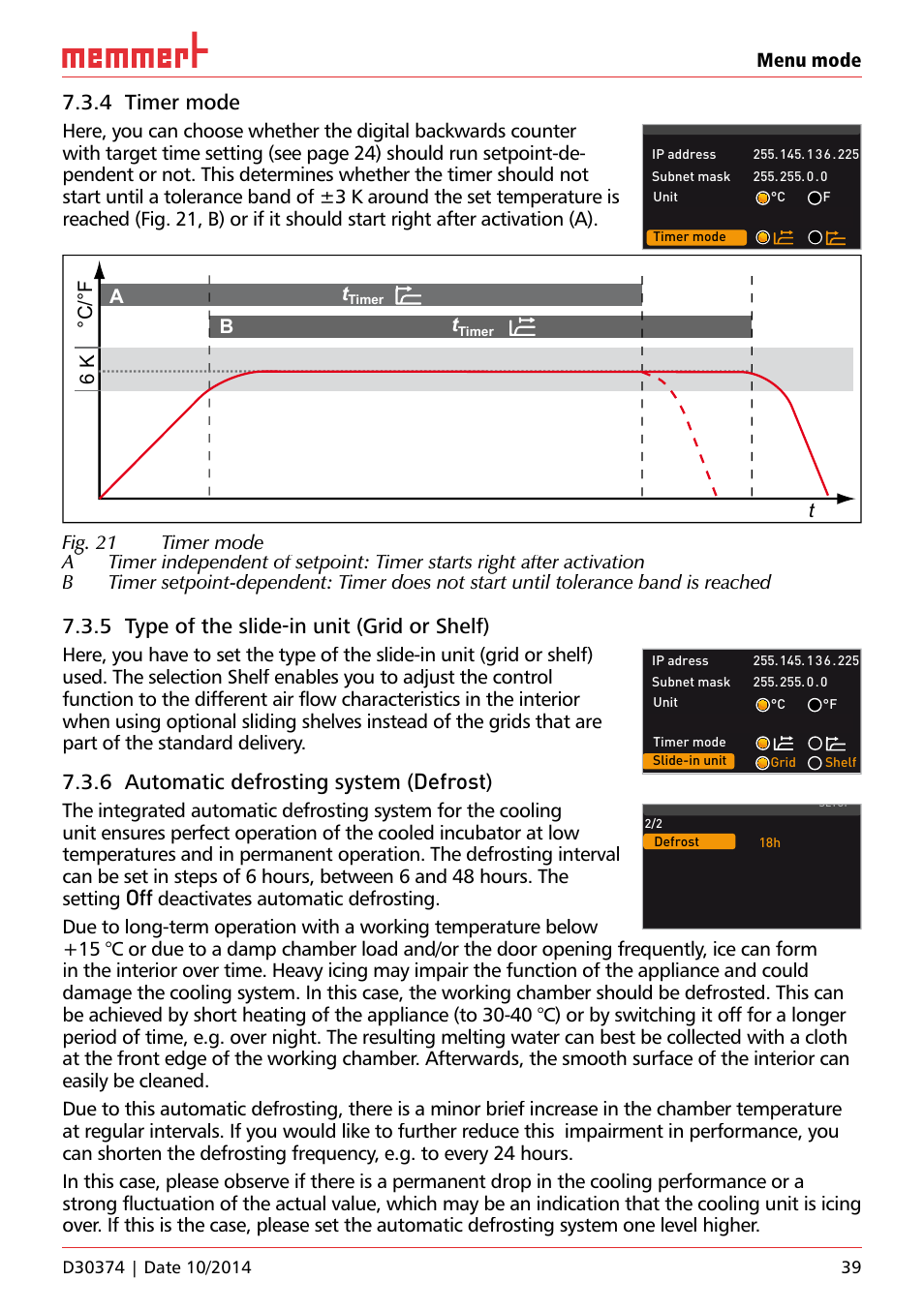 4 timer mode, 5 type of the slide-in unit (grid or shelf), 6 automatic defrosting system (defrost) | Memmert ICP Compressor-cooled incubators User Manual | Page 39 / 56