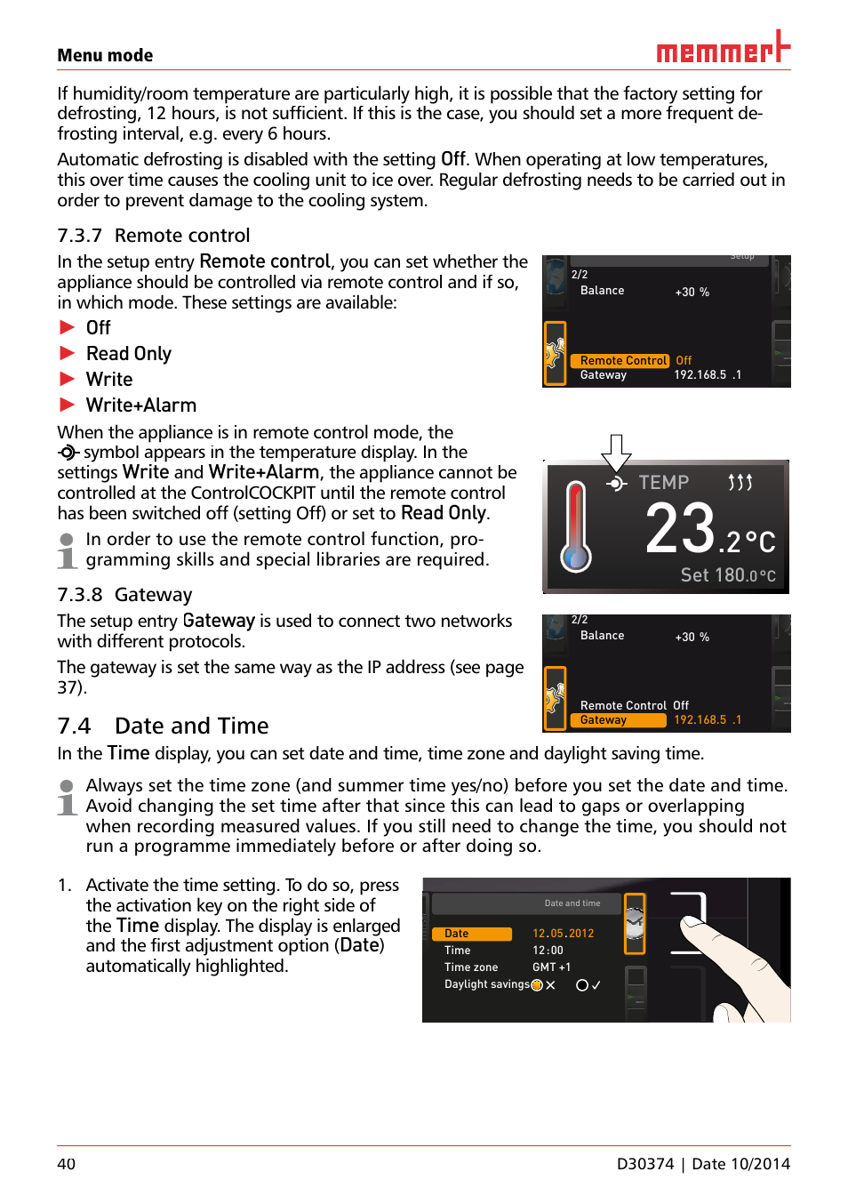 7 remote control, 8 gateway, 4 date and time | Ufp 100 | Memmert ICP Compressor-cooled incubators User Manual | Page 40 / 56