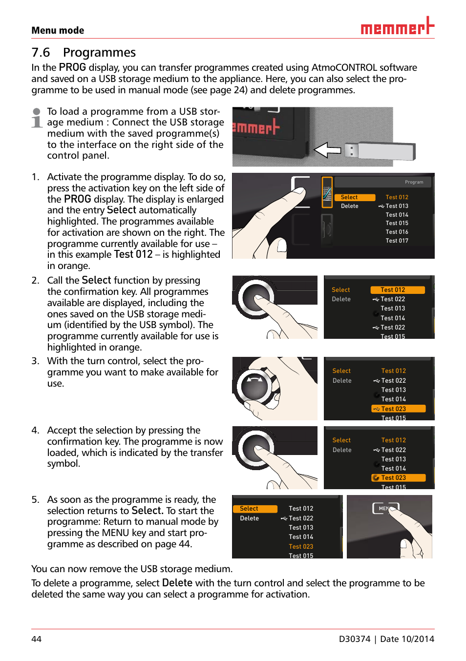 6 programmes, Ufp 100, Prog | Select, Test 012, Delete, Menu mode, Display. the display is enlarged and the entry, And the entry, Is highlighted in orange | Memmert ICP Compressor-cooled incubators User Manual | Page 44 / 56