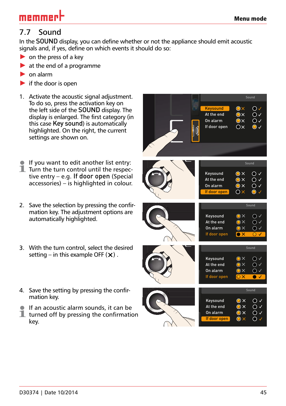 7 sound, Sound, Key sound | If door open, Menu mode, On the press of a key, At the end of a programme, On alarm, Special accessories) – is highlighted in colour, Keysound | Memmert ICP Compressor-cooled incubators User Manual | Page 45 / 56