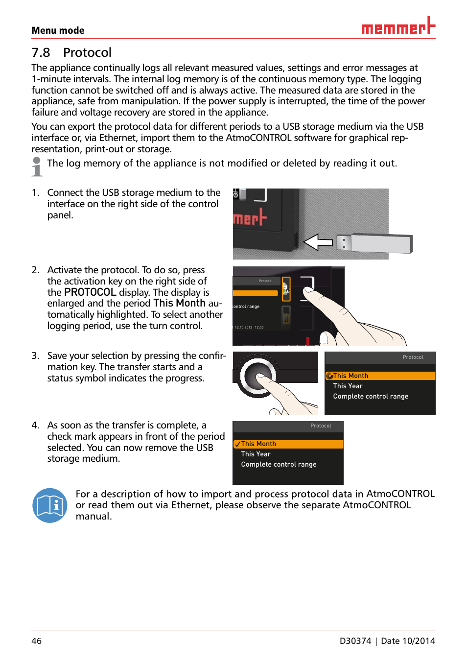 8 protocol, Protocol, This month | Menu mode, Display. the display is enlarged and the period | Memmert ICP Compressor-cooled incubators User Manual | Page 46 / 56