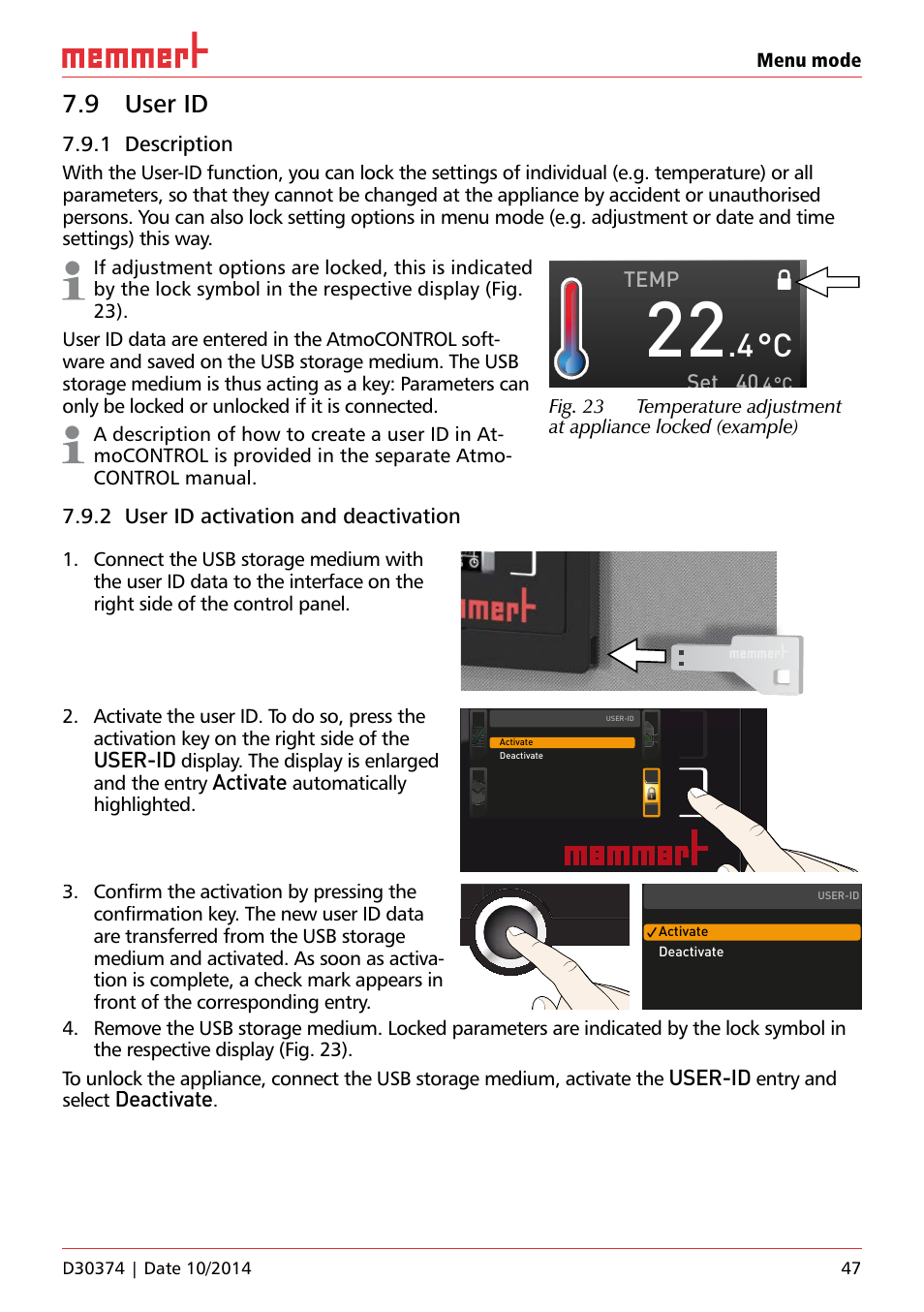 9 user id, 1 description, 2 user id activation and deactivation | User-id, Activate, Deactivate, Temp set, Menu mode, Display. the display is enlarged and the entry, Automatically highlighted. ufp 100 | Memmert ICP Compressor-cooled incubators User Manual | Page 47 / 56