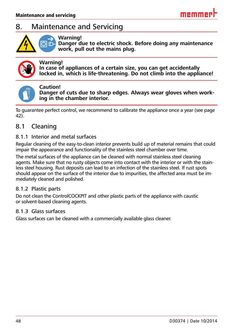 Maintenance and servicing, 1 cleaning, 1 interior and metal surfaces | 2 plastic parts, 3 glass surfaces | Memmert ICP Compressor-cooled incubators User Manual | Page 48 / 56