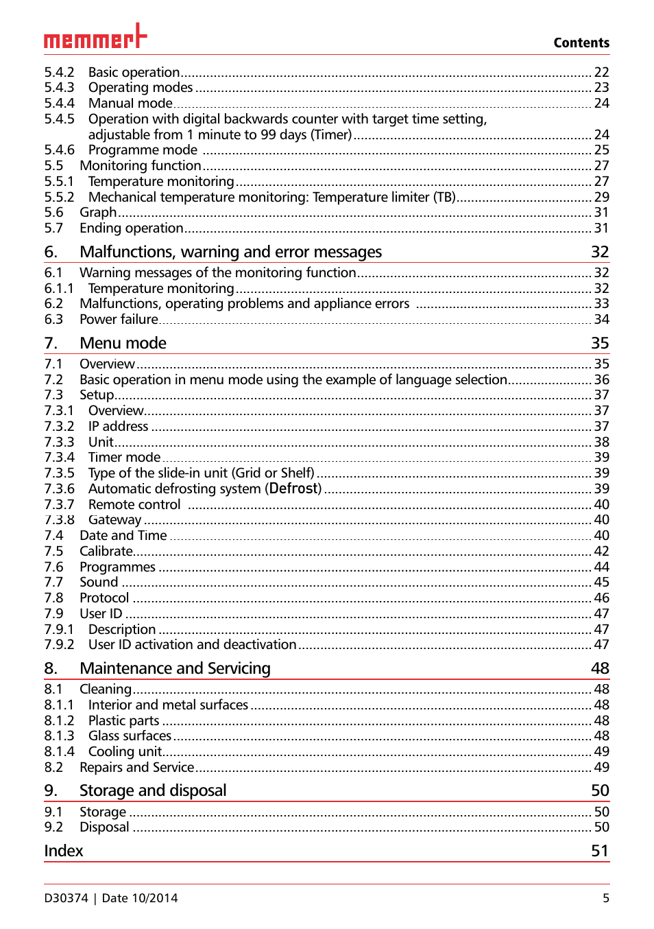 Malfunctions, warning and error messages 32, Menu mode 35, Maintenance and servicing 48 | Storage and disposal 50, Index 51 | Memmert ICP Compressor-cooled incubators User Manual | Page 5 / 56