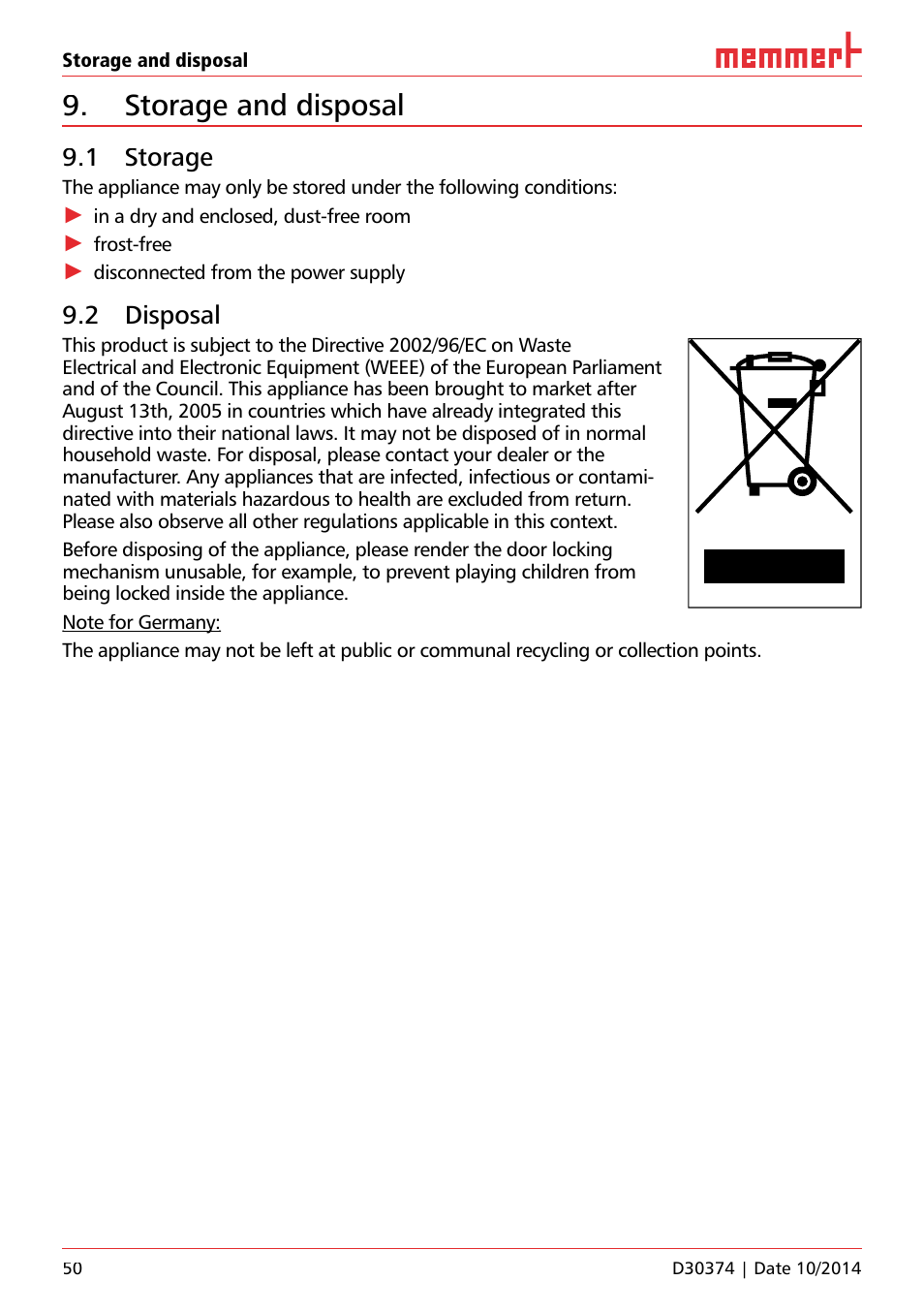 Storage and disposal, 1 storage, 2 disposal | Memmert ICP Compressor-cooled incubators User Manual | Page 50 / 56