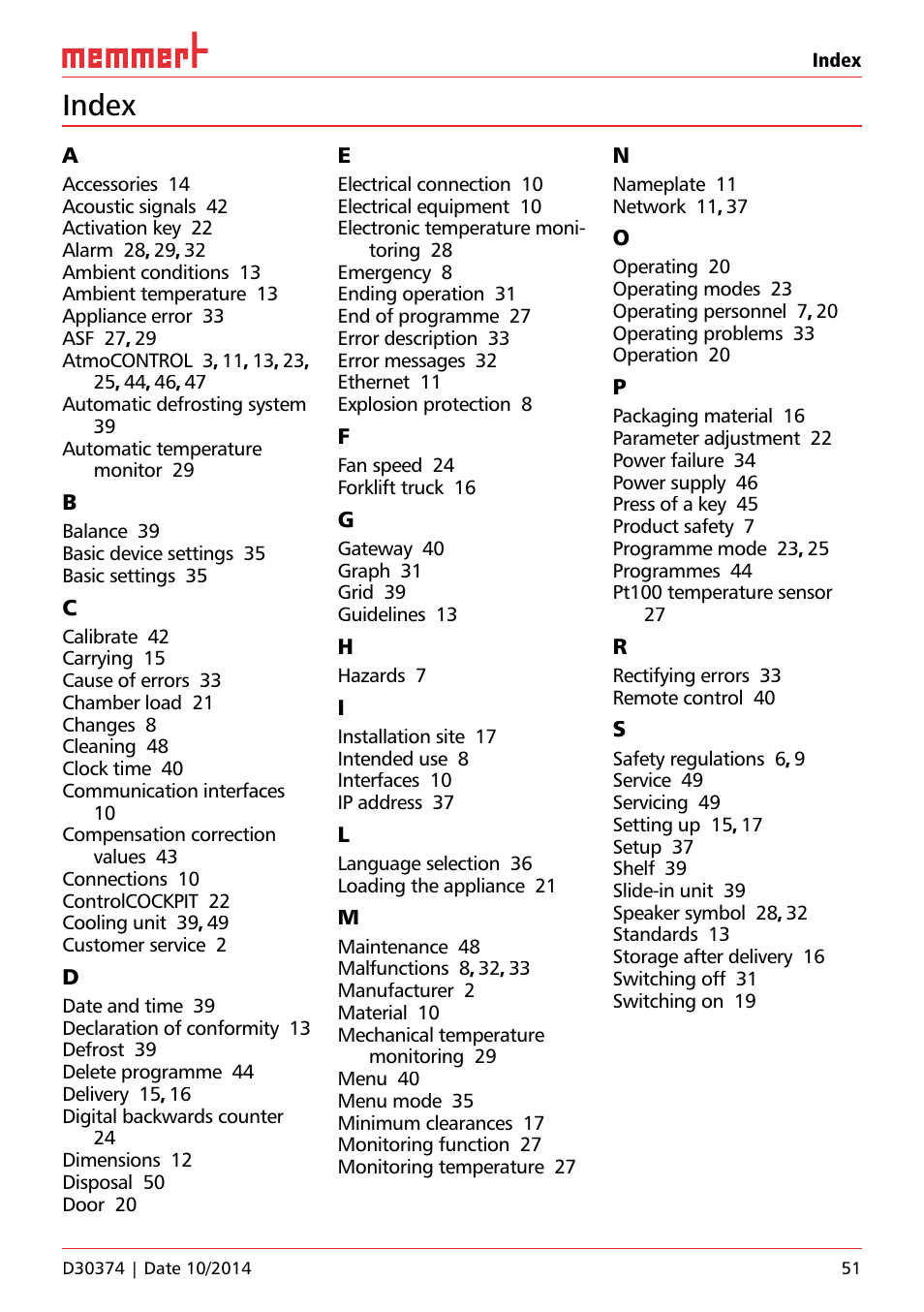 Index | Memmert ICP Compressor-cooled incubators User Manual | Page 51 / 56