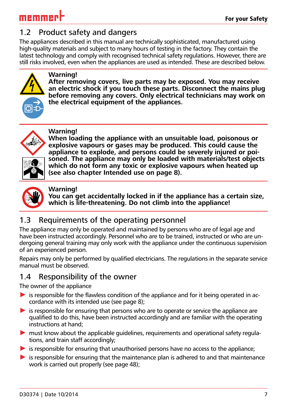 2 product safety and dangers, 3 requirements of the operating personnel, 4 responsibility of the owner | Memmert ICP Compressor-cooled incubators User Manual | Page 7 / 56