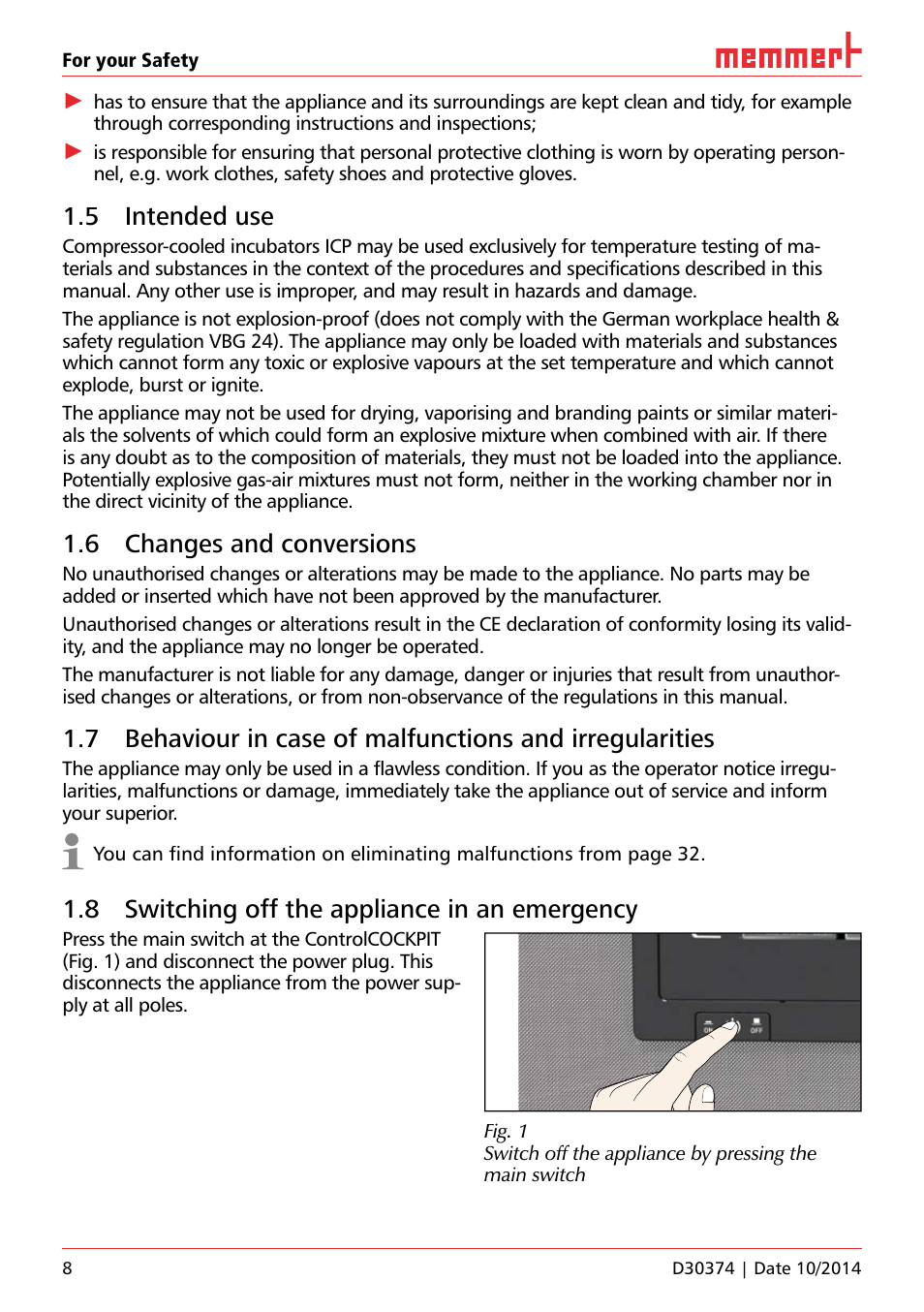 5 intended use, 6 changes and conversions, 8 switching off the appliance in an emergency | For your safety, Uf 110 | Memmert ICP Compressor-cooled incubators User Manual | Page 8 / 56