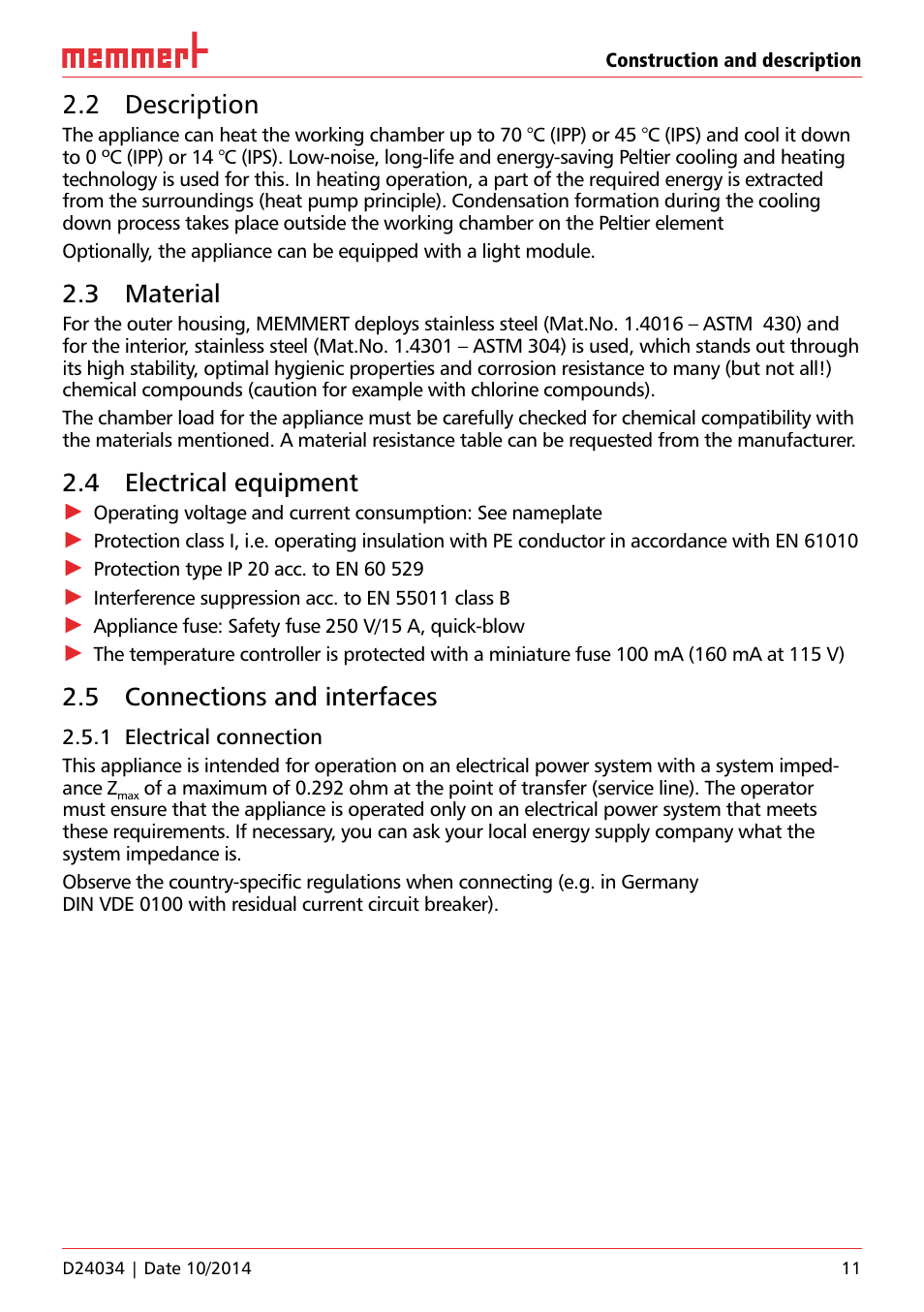 2 description, 3 material, 4 electrical equipment | 5 connections and interfaces, 1 electrical connection | Memmert IPS Peltier-cooled incubators User Manual | Page 11 / 44