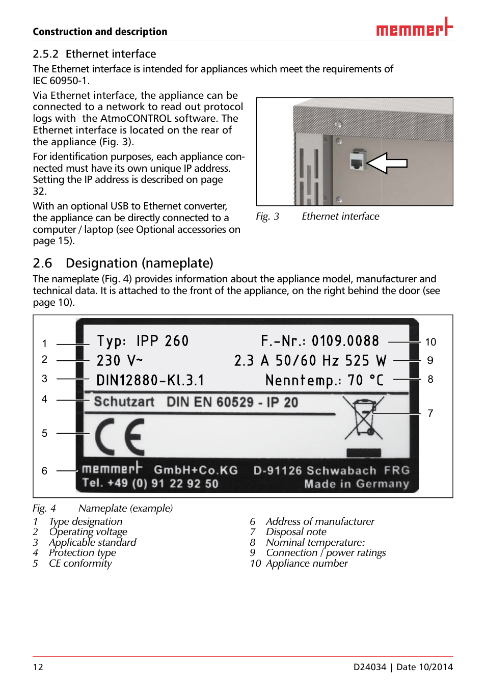 2 ethernet interface, 6 designation (nameplate) | Memmert IPS Peltier-cooled incubators User Manual | Page 12 / 44